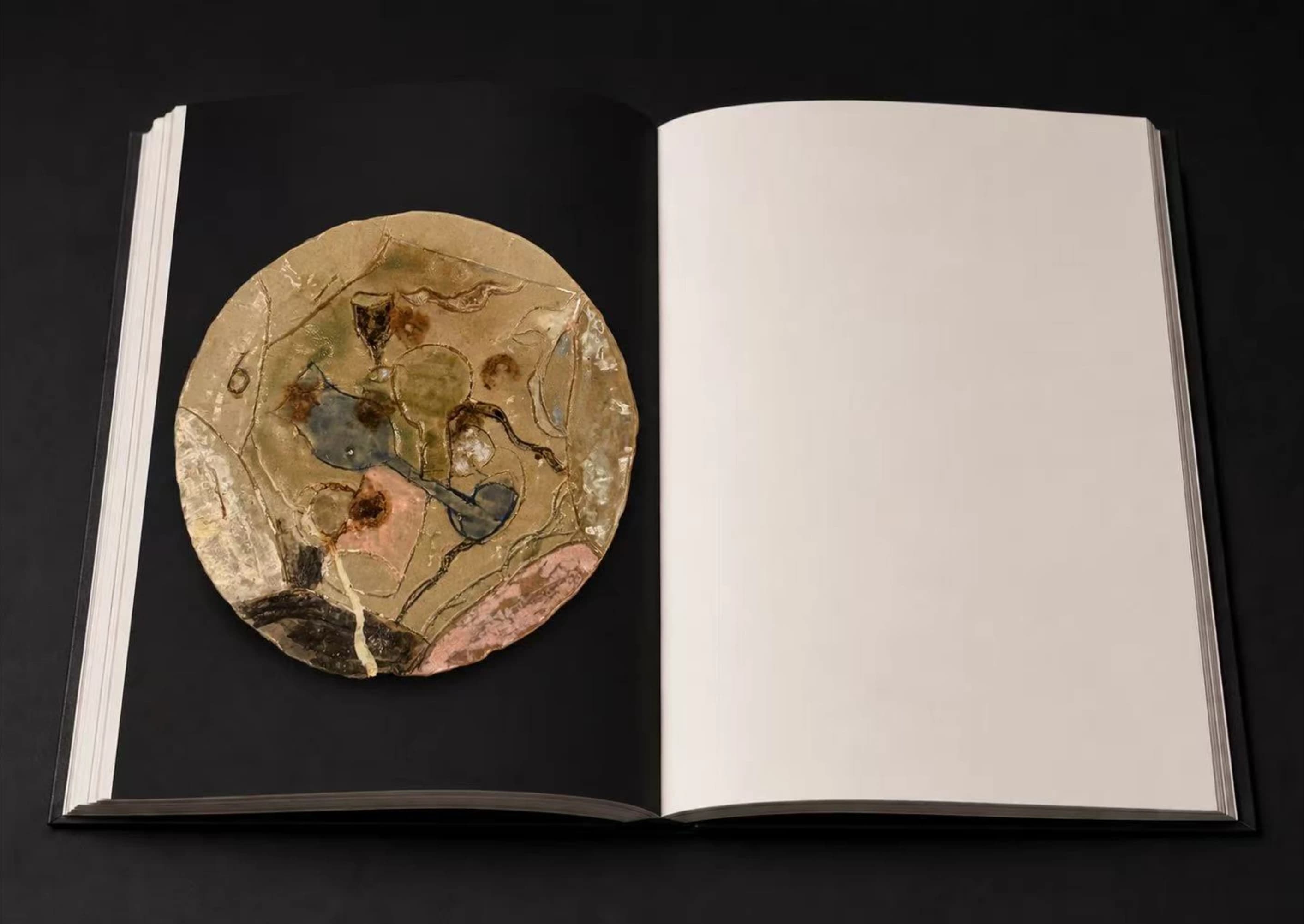 An open portfolio showing a round decorated ceramic plate opposite a blank page.