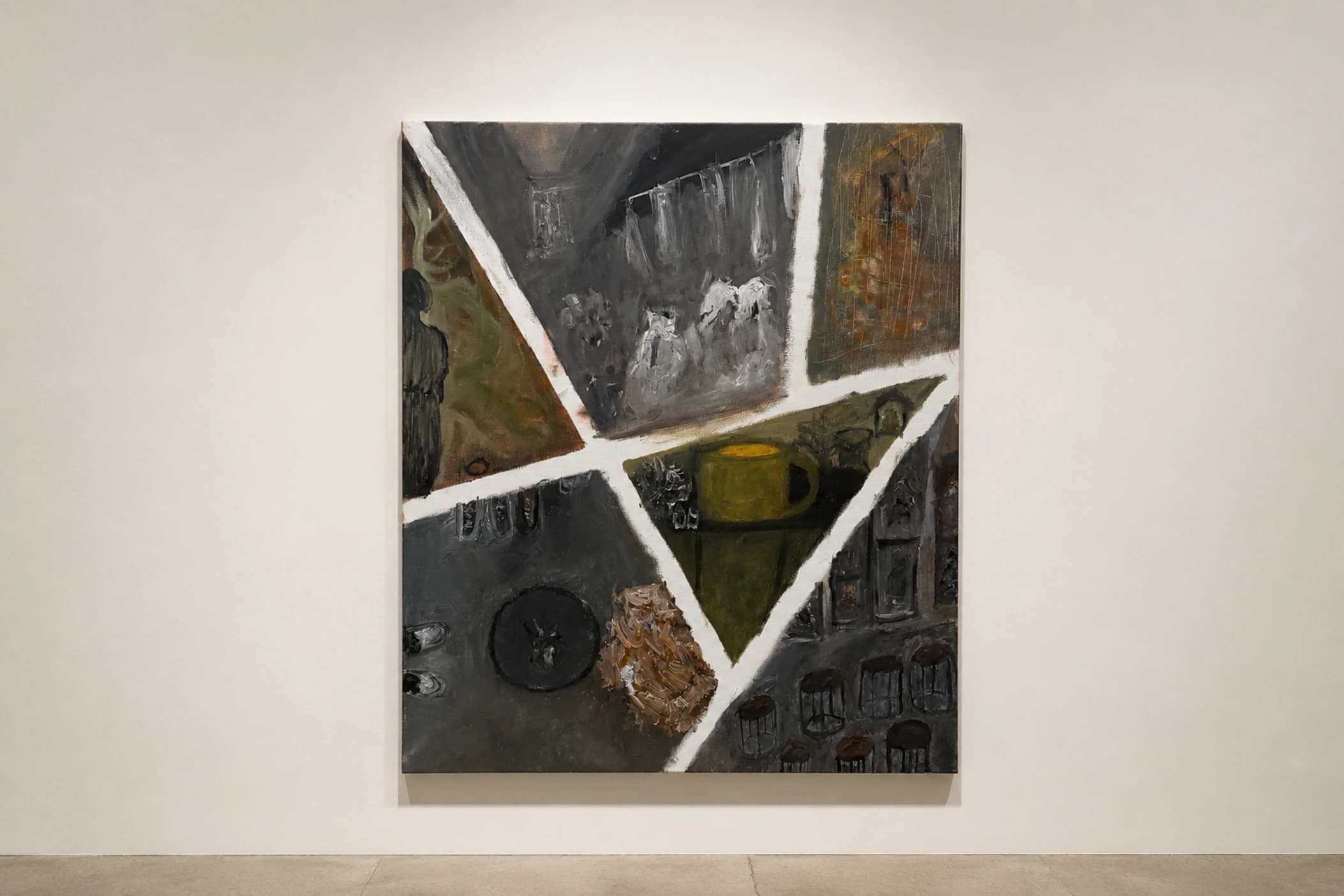 A painting divided by broad white diagonal bands, photographed on a gallery wall.