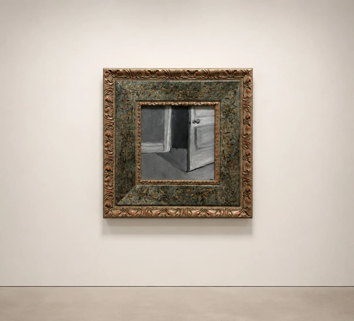 A small geometric interior painting in an ornate frame.