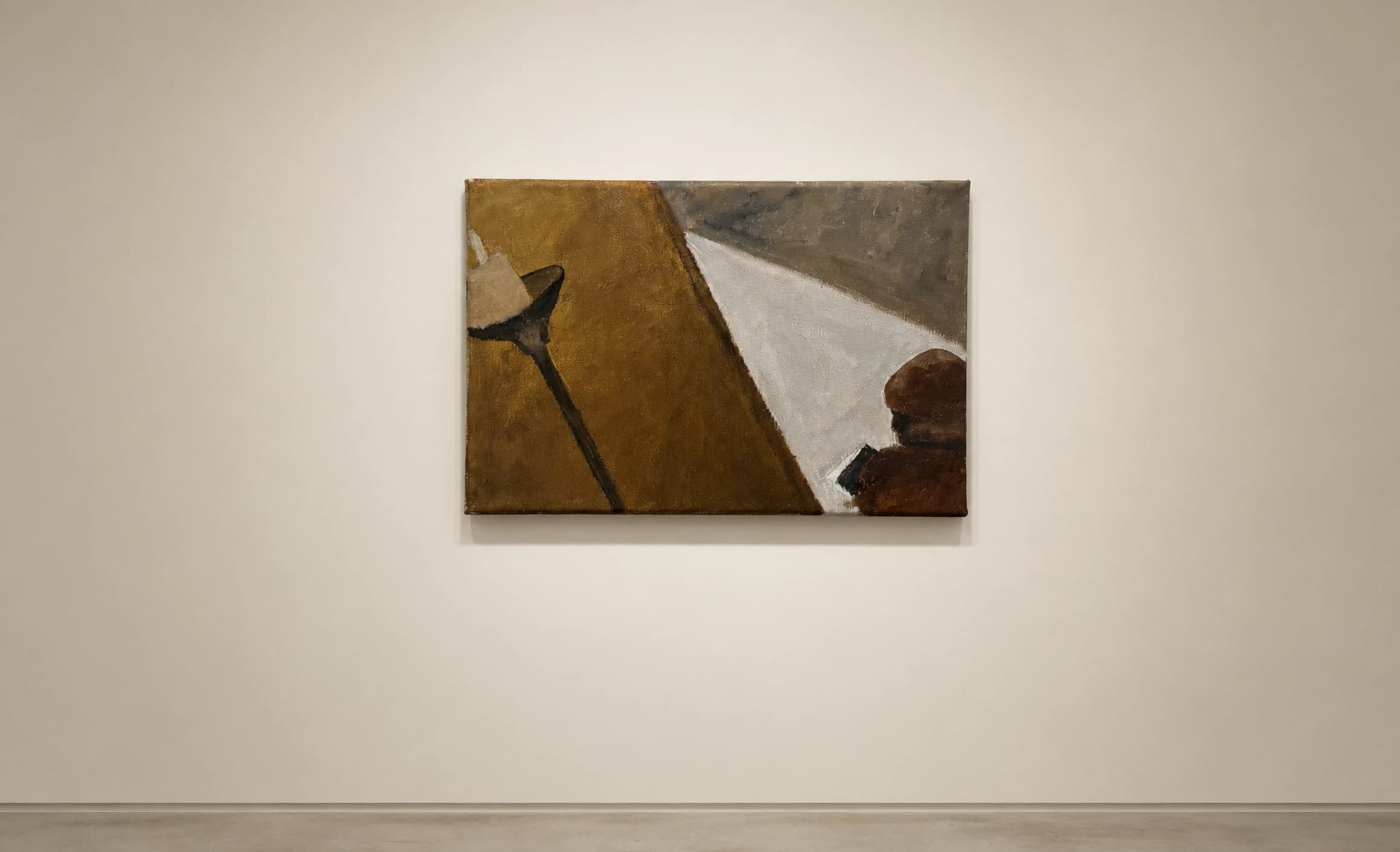 A horizontal painting with ochre, white and dark shapes, on a gallery wall.