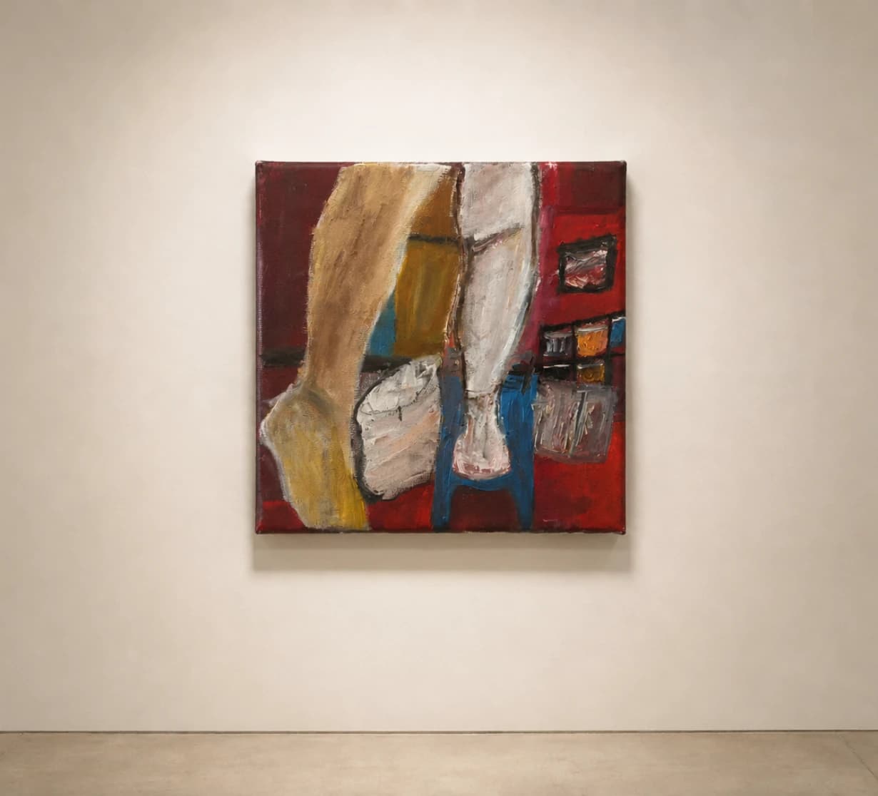 A vertical painting with ochre, pale blue and red forms.