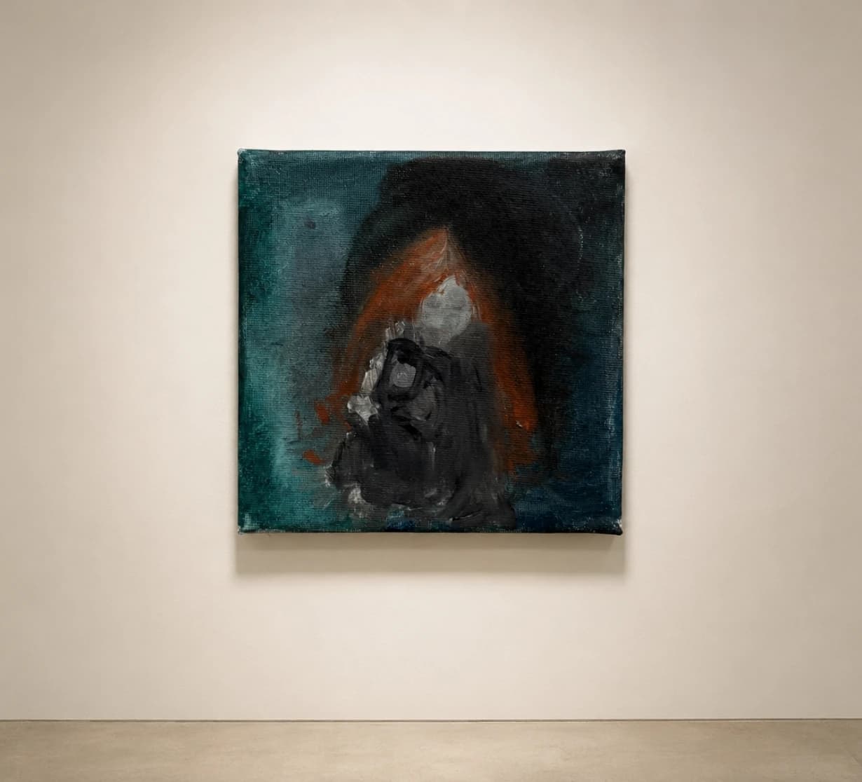 A vertical painting with a dark central form against blue-green.