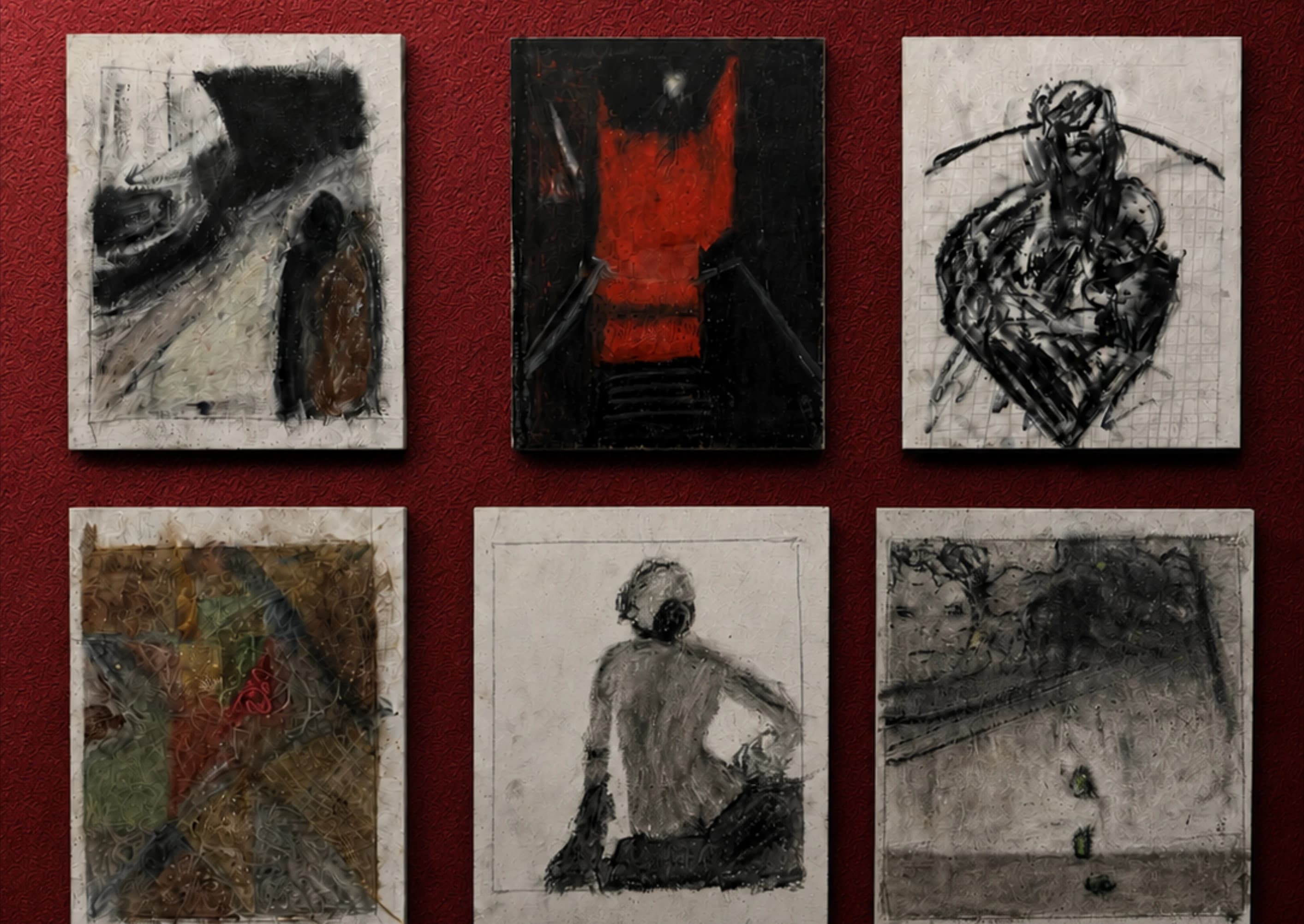 Six small sketches arranged in two rows on a red background.