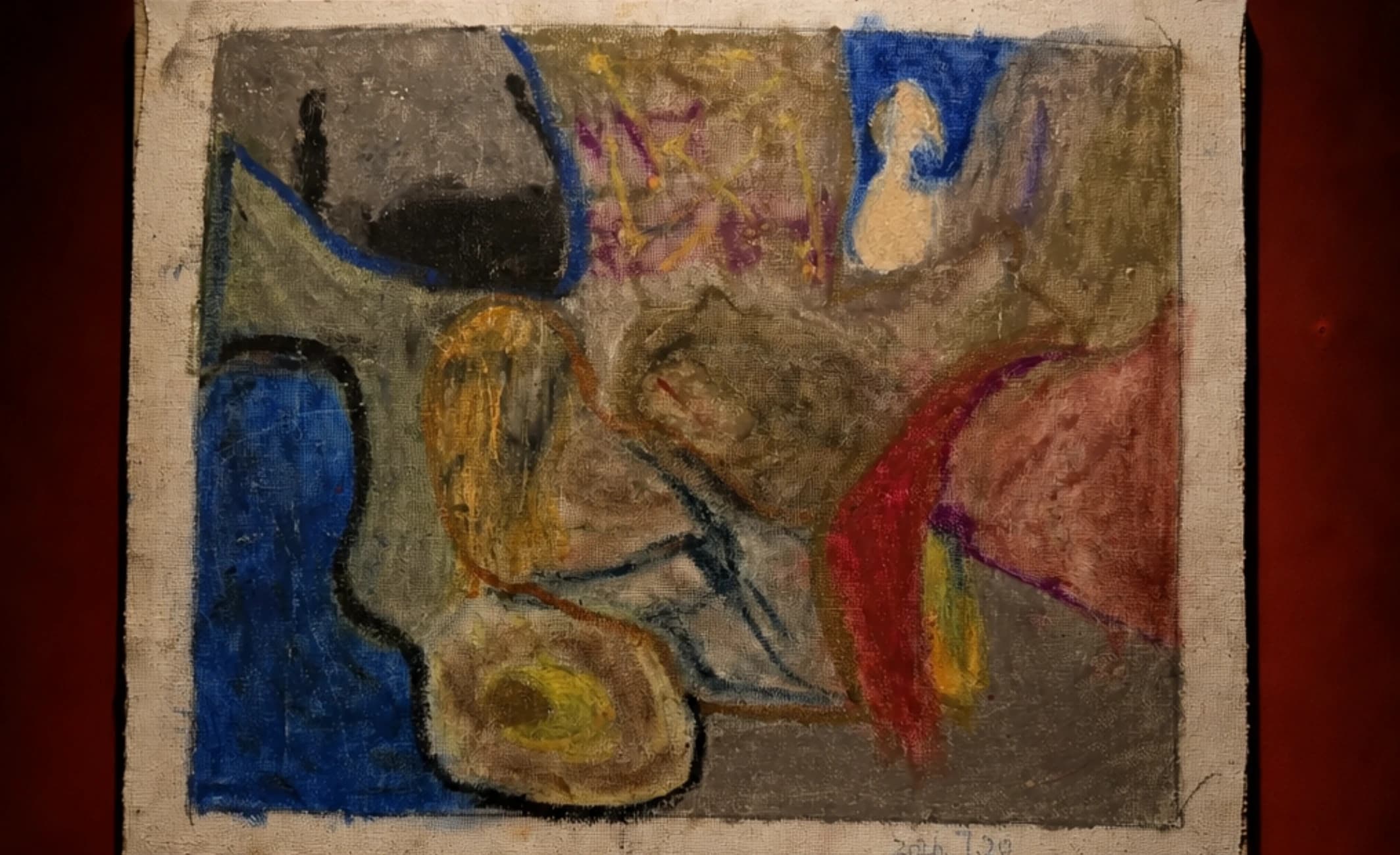 A textured sketch with blue, yellow, red and dark curving forms.