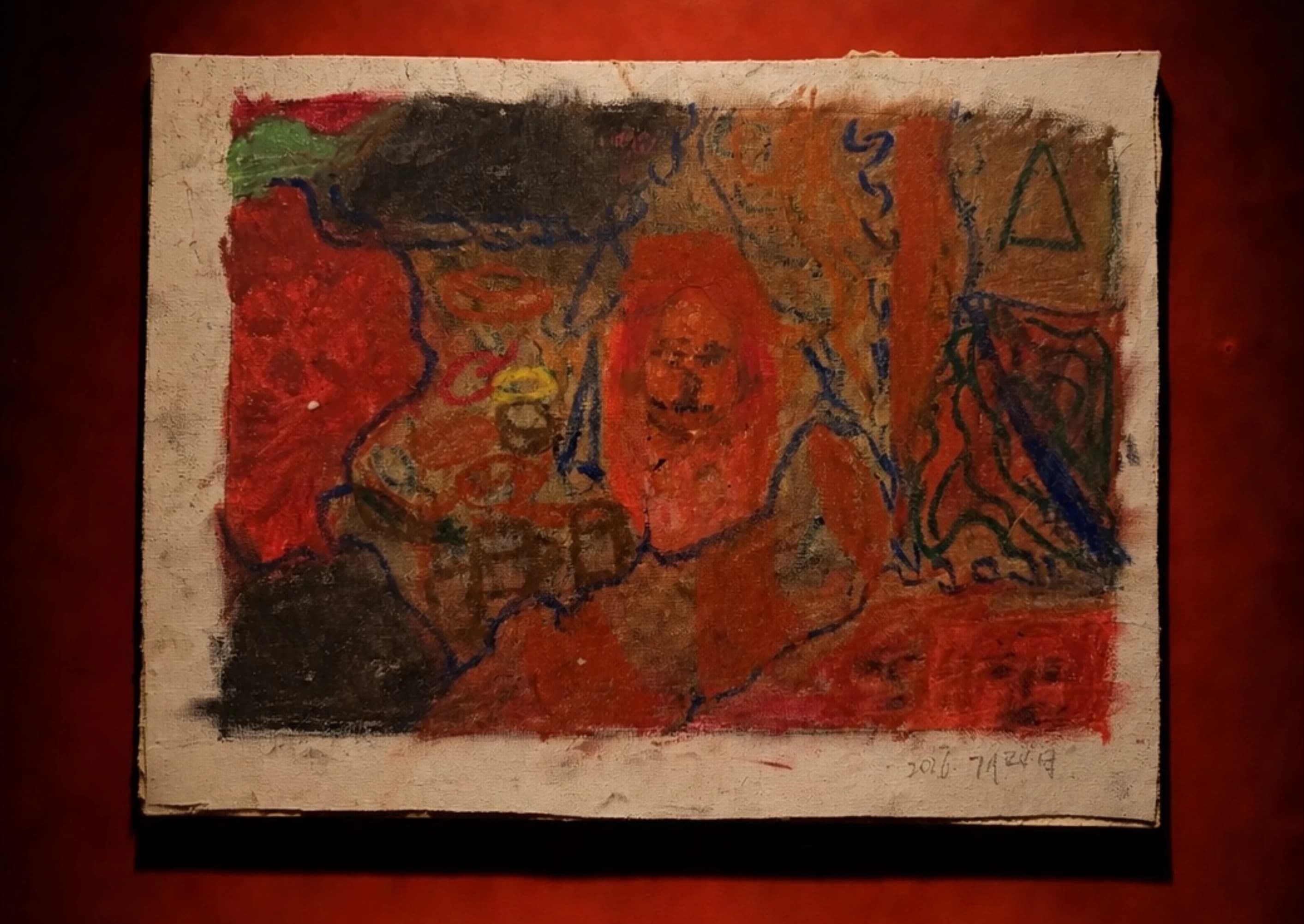 A red and ochre sketch with dark outlined figures and objects.