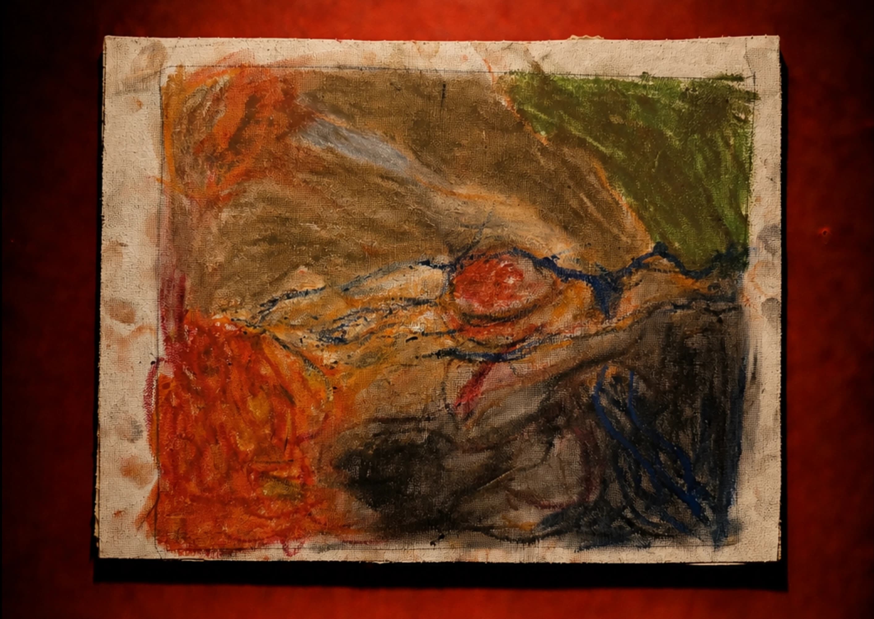 An expressive landscape-like sketch in orange, green and dark strokes.