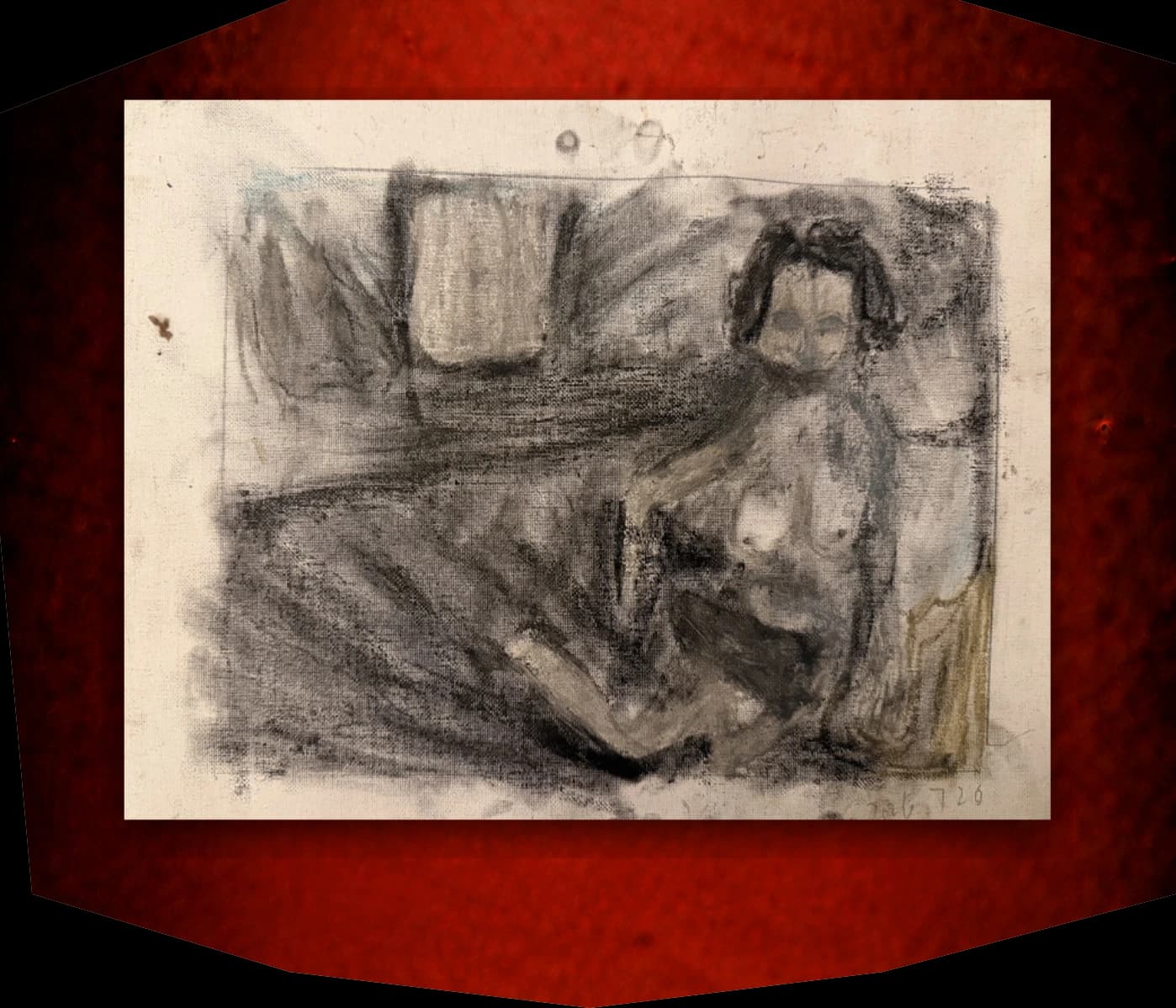 A charcoal sketch of a reclining figure displayed on a red background.
