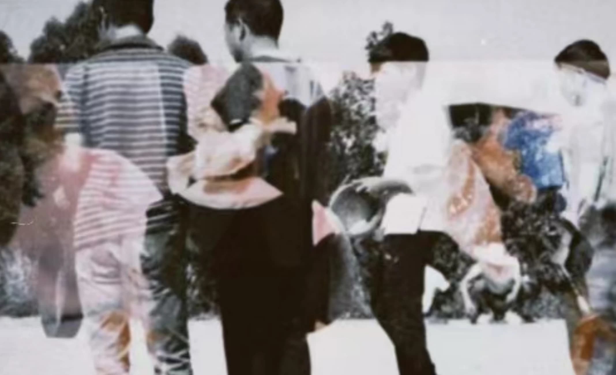 Layered photograph of people gathered outdoors.